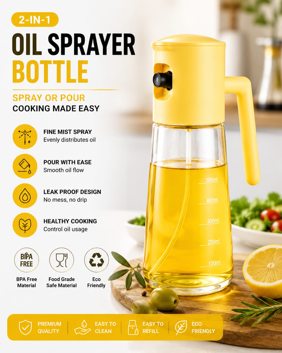 2-in-1 Olive Oil Sprayer Bottle
Premium Kitchen Oil Dispenser Spray Bottle
Smart Oil Spray Bottle for Cooking