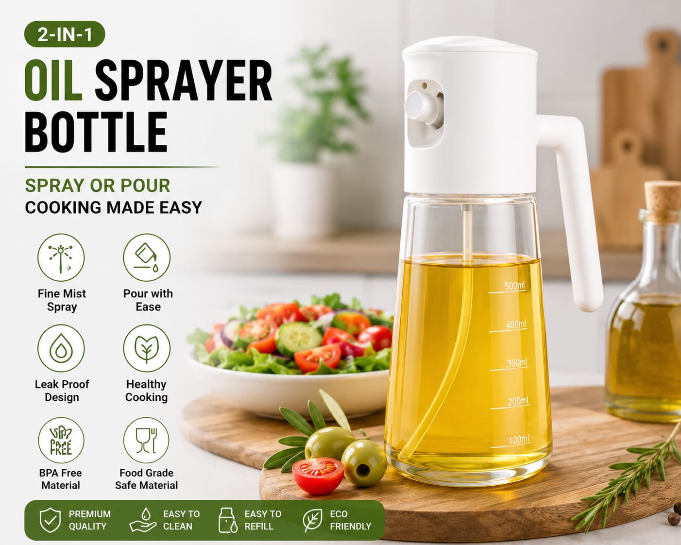 2-in-1 Olive Oil Sprayer Bottle
Premium Kitchen Oil Dispenser Spray Bottle
Smart Oil Spray Bottle for Cooking