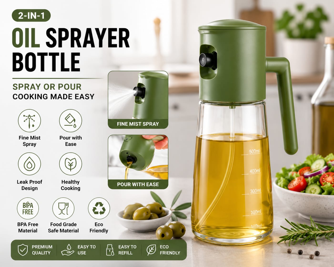 2-in-1 Olive Oil Sprayer Bottle
Premium Kitchen Oil Dispenser Spray Bottle
Smart Oil Spray Bottle for Cooking