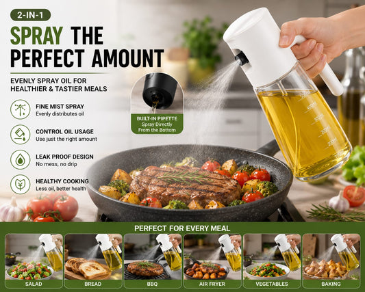 2-in-1 Olive Oil Sprayer Bottle
Premium Kitchen Oil Dispenser Spray Bottle
Smart Oil Spray Bottle for Cooking