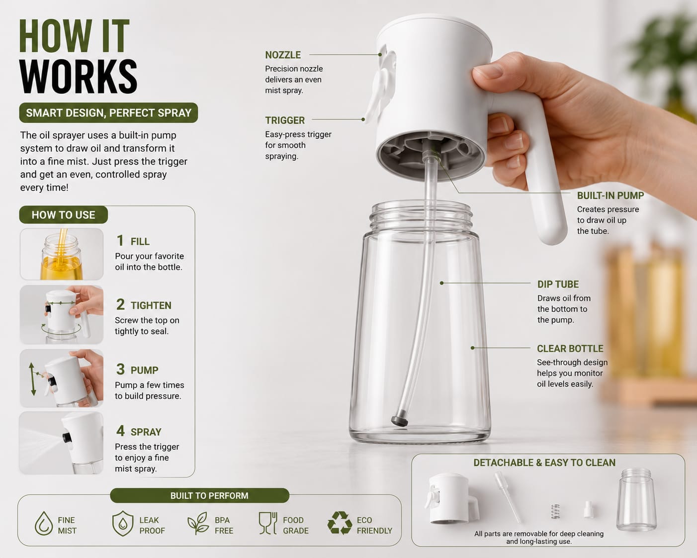 2-in-1 Olive Oil Sprayer Bottle
Premium Kitchen Oil Dispenser Spray Bottle
Smart Oil Spray Bottle for Cooking